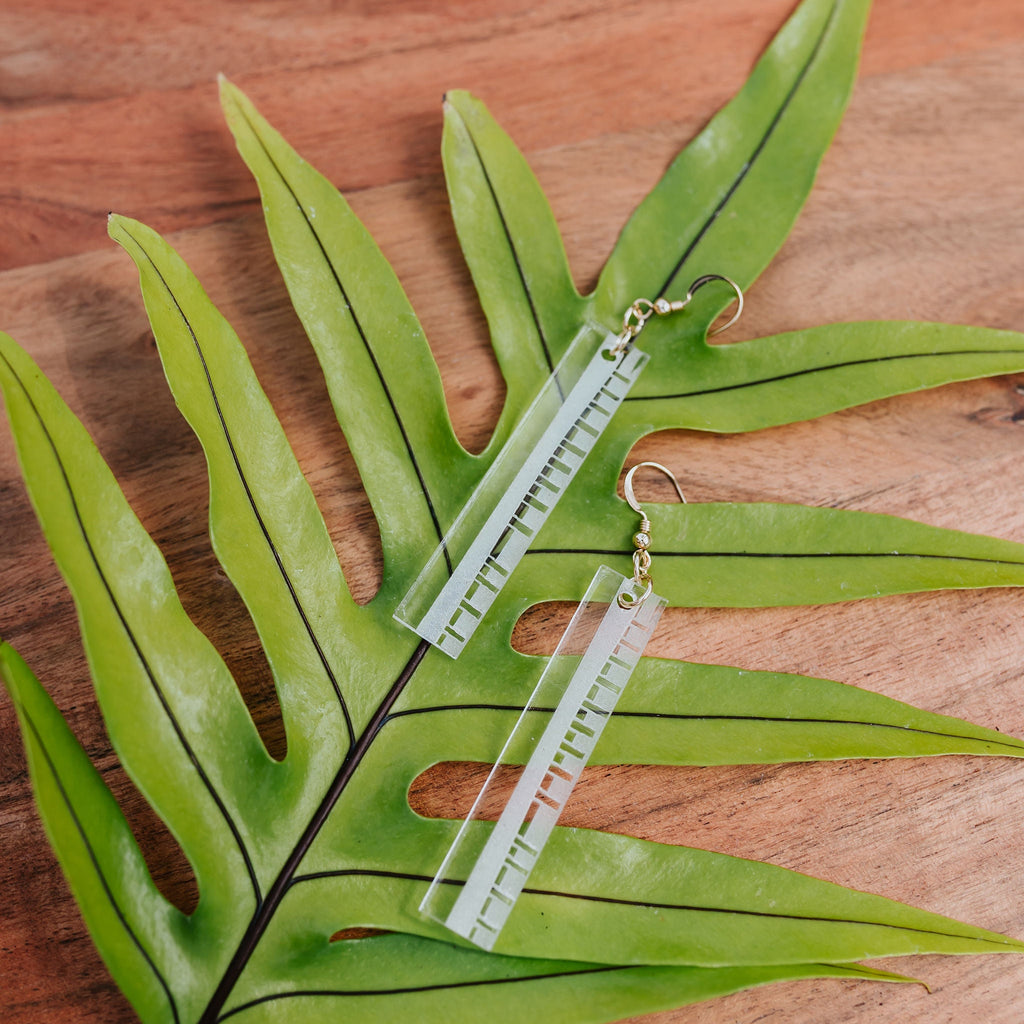 A pair of clear acrylic dangle earrings with silver-toned hooks, displayed on a green fern leaf over a round wooden surface. with a design inspired by the Holua Sled

